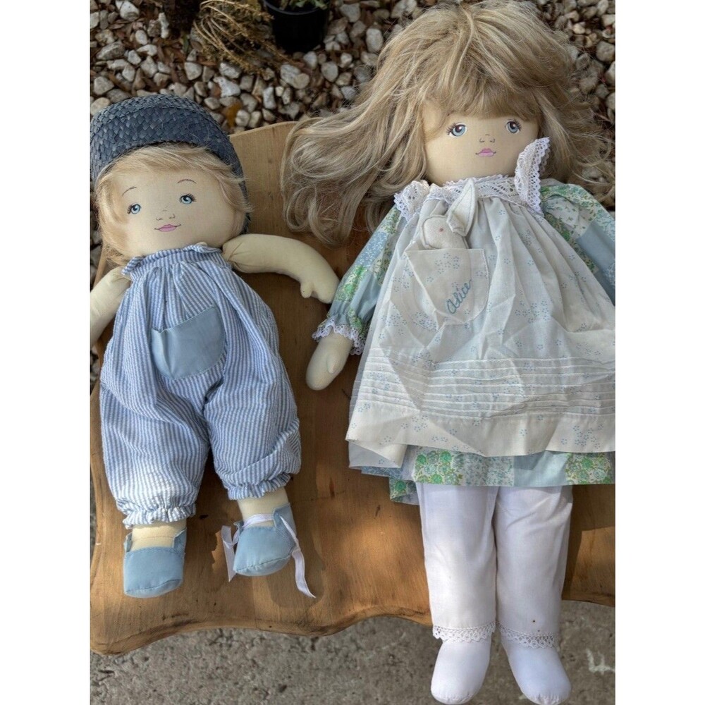 Pauline 1984 Bunnies Jack & Jill Cloth Doll Lot of 2 w/ Removable Clothes Hat